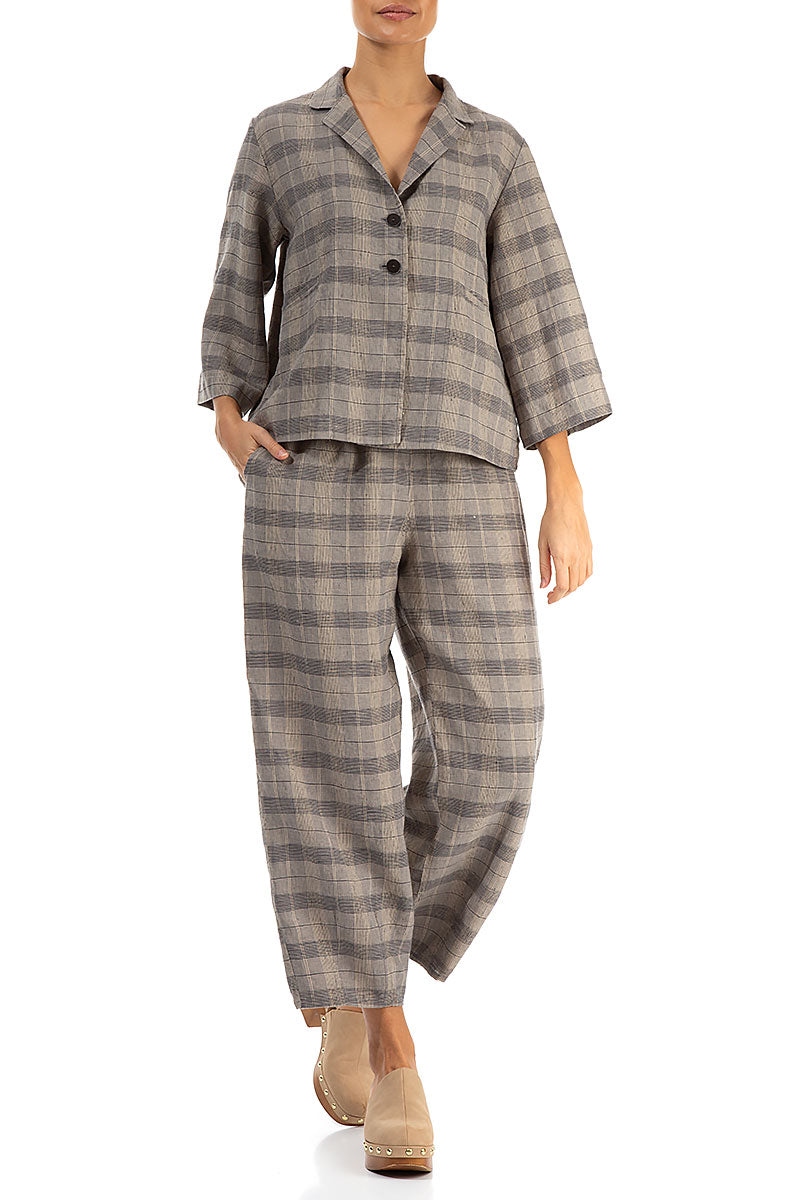 Notched Collar Greige Check Linen Jacket 4