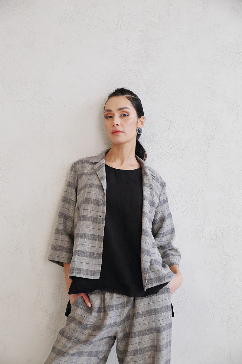 Notched Collar Greige Check Linen Jacket 6