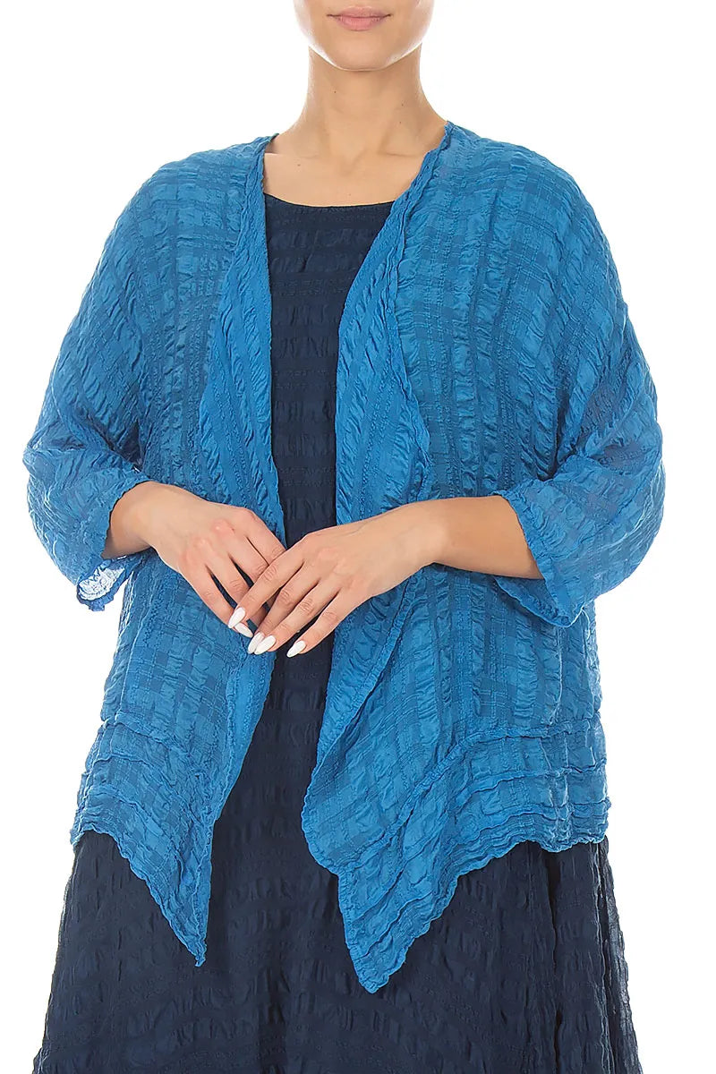 Open Cobalt Blue Textured Silk Jacket