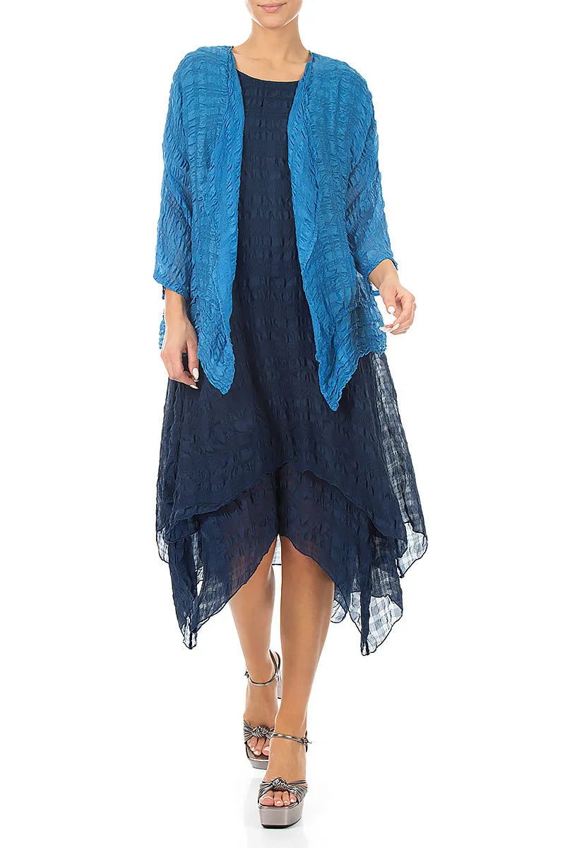 Open Cobalt Blue Textured Silk Jacket