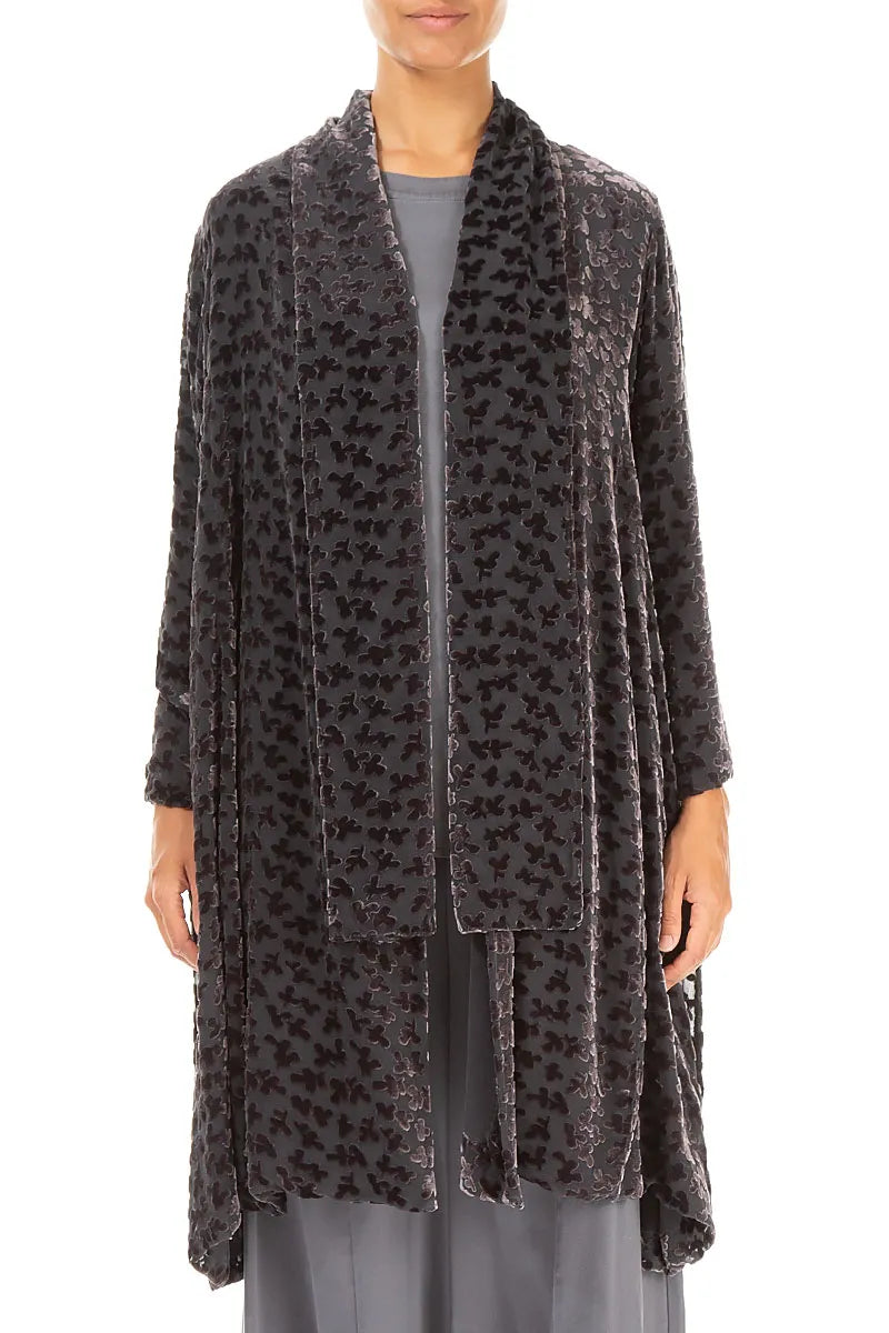 Veste en velours de soie noir et argent Open Devoré Petals