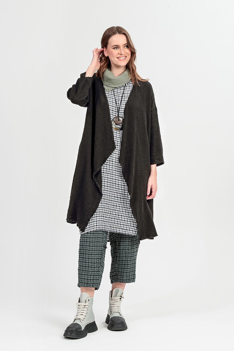 Open Front Black Textured Linen Jacket 1