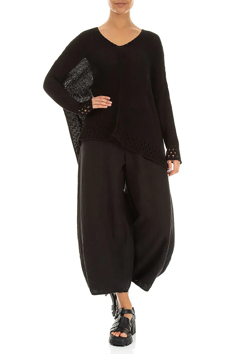 Openwork Hem Black Linen Jumper 4