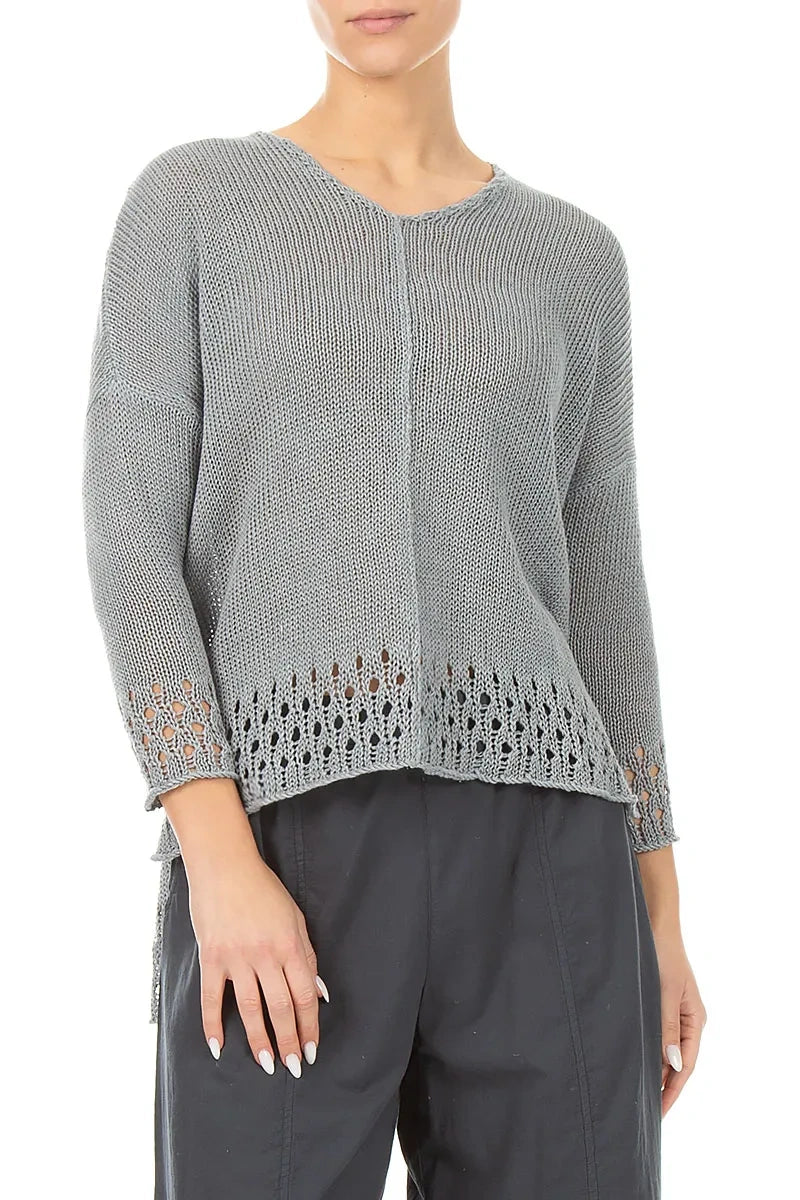 Openwork Hem Grey Linen Jumper 3