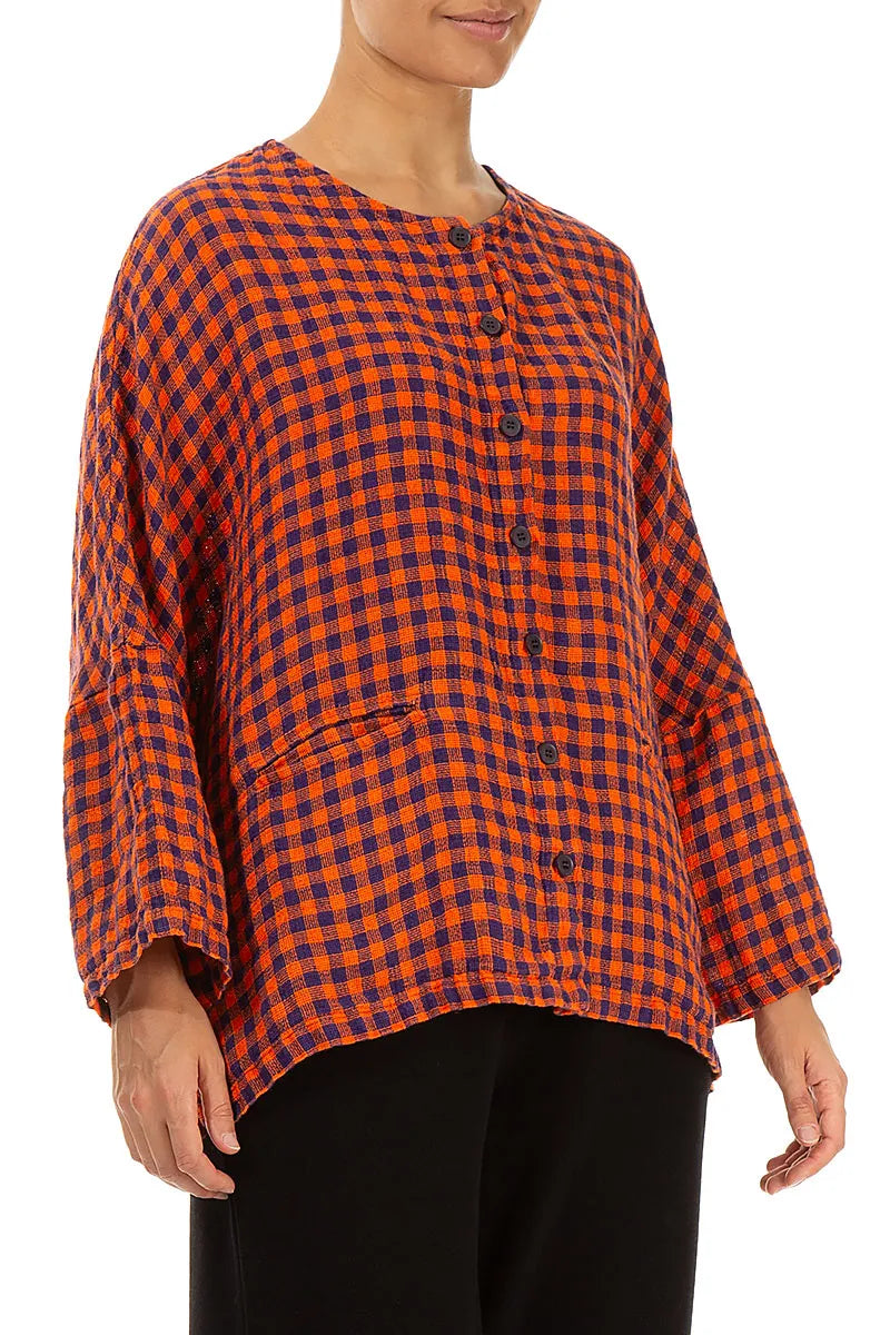 Chemisier veste en lin à carreaux orange