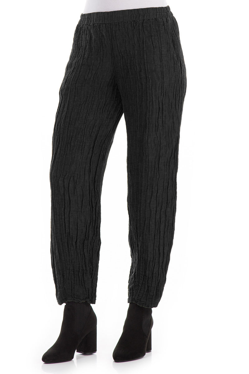 Pencil Crinkled Black Silk Trousers 3