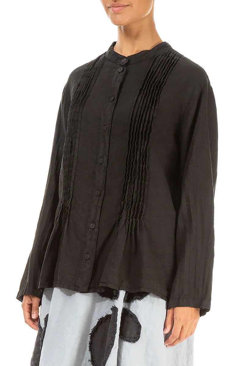 Pin-Tucked Black Linen Shirt 3
