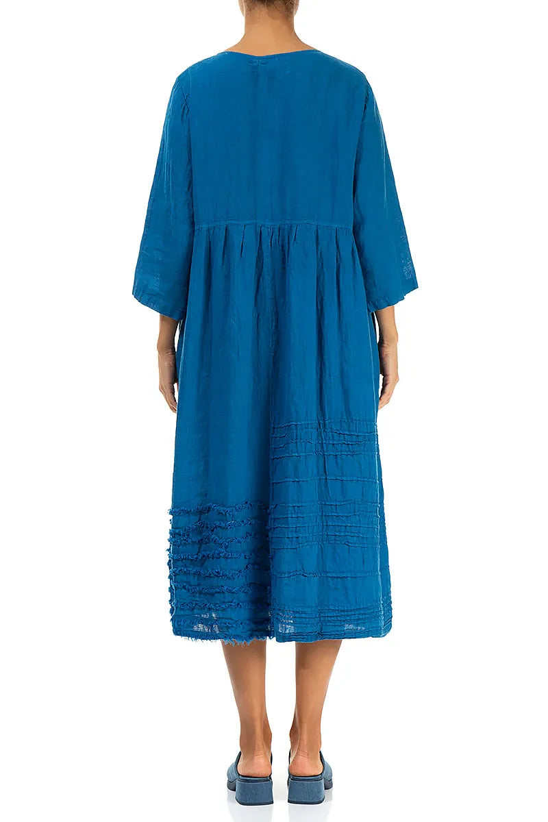 Pin Tucks Frayed Hem Cobalt Blue Linen Dress 2