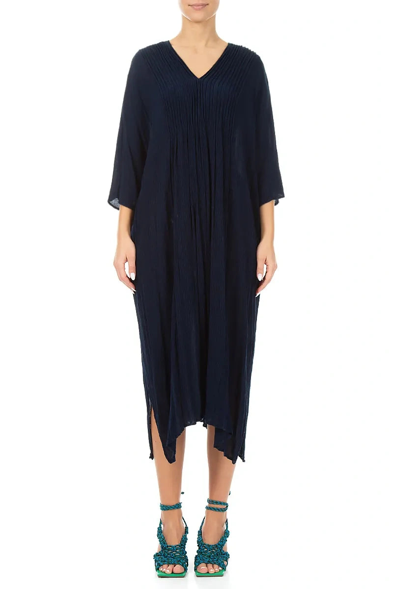 Robe en soie et viscose bleu marine à plis piqués