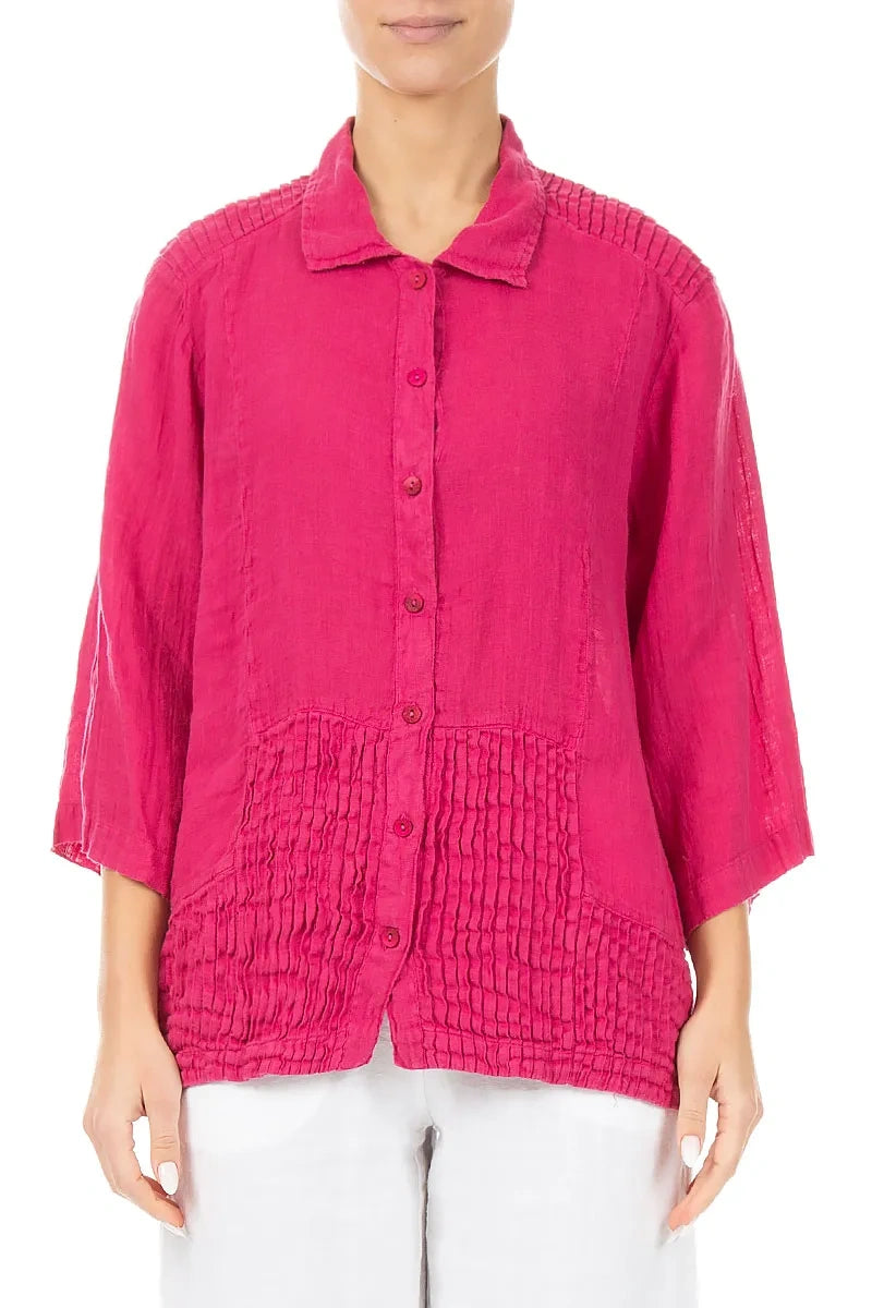 Chemise en lin gaze fuchsia avec détails smockés
