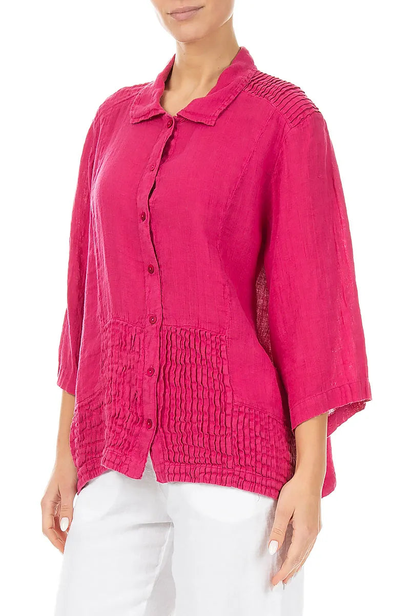 Chemise en lin gaze fuchsia avec détails smockés