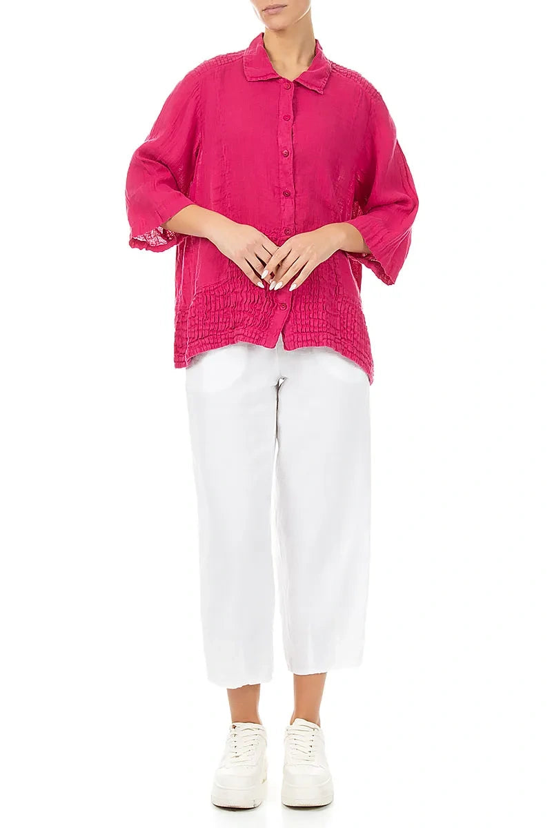 Chemise en lin gaze fuchsia avec détails smockés