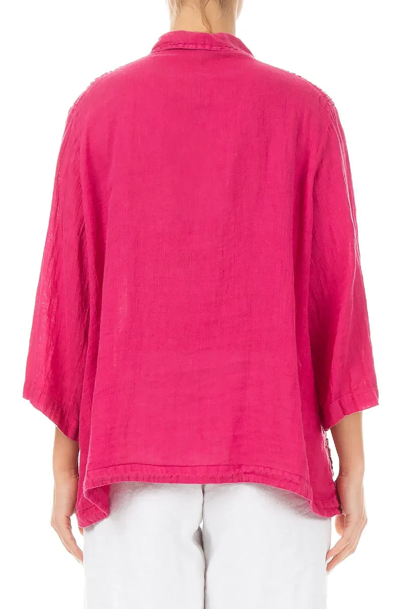 Chemise en lin gaze fuchsia avec détails smockés