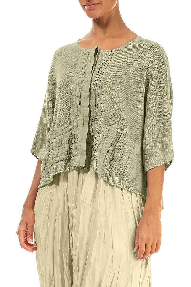 Pintuck Front Laurel Green Linen Cardigan 3