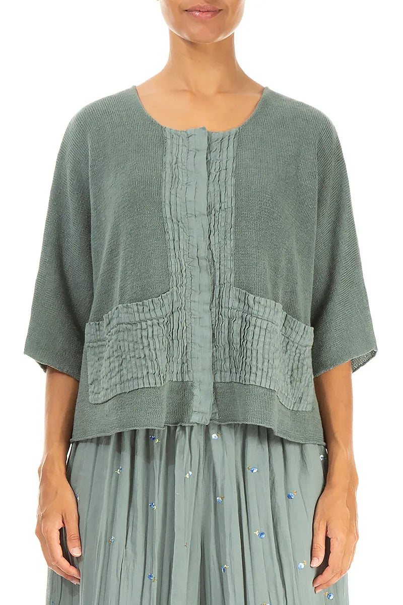 Cardigan en lin sauge à plis piqués sur le devant