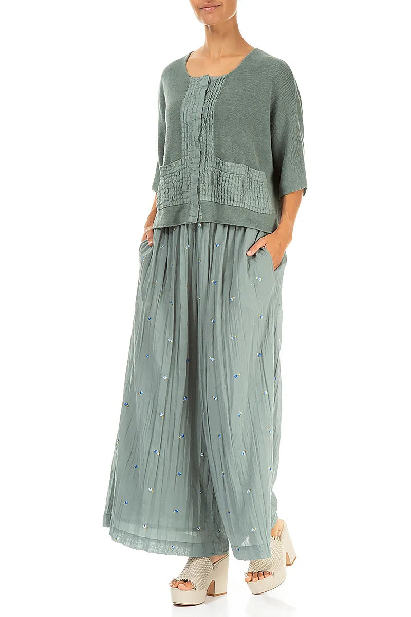 Cardigan en lin sauge à plis piqués sur le devant