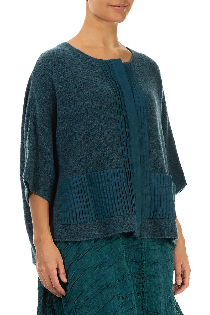 Pintuck Front Teal Wool Cardigan 3