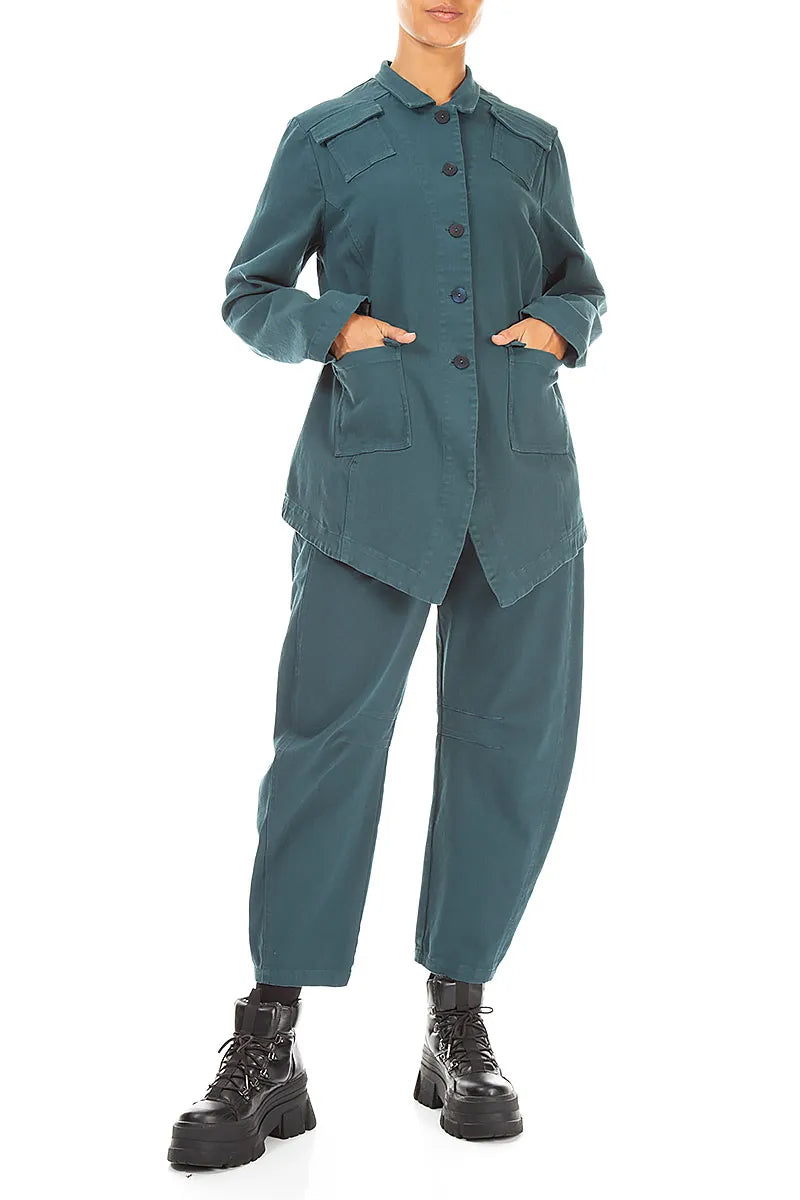 Veste en coton denim turquoise profond à ourlet pointu