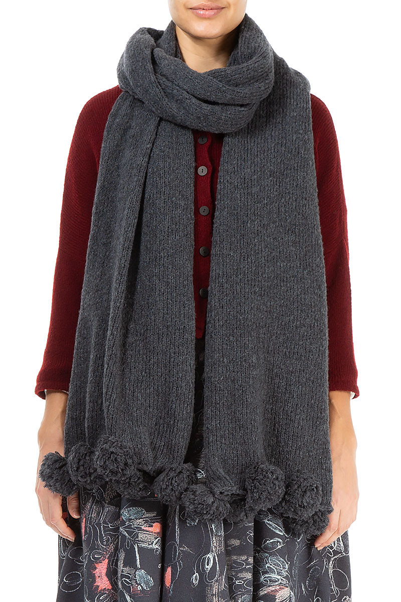 Pom-Pom Edge Dark Grey Wool Scarf 2
