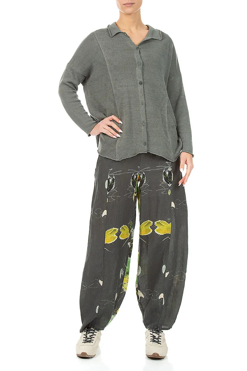 Raw Collar Grey Sage Linen Cardigan