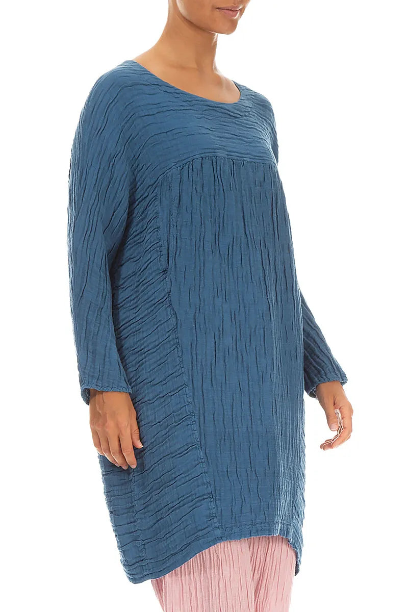Relaxed Crinkled Denim Blue Silk Linen Tunic