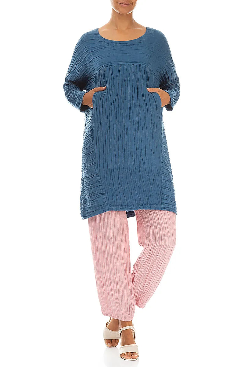 Relaxed Crinkled Denim Blue Silk Linen Tunic