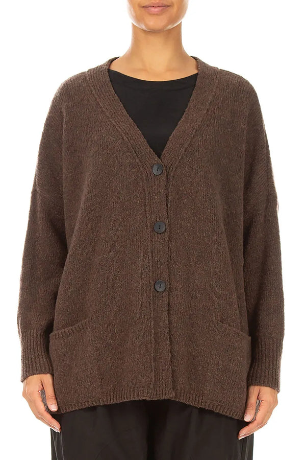 Relaxed V-Neck Brown Wool Cardigan 1