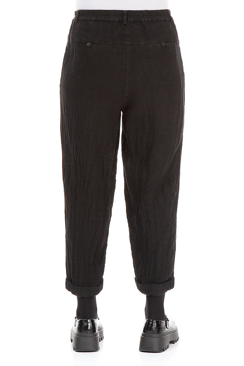 Pantalon en lin mélangé noir à revers