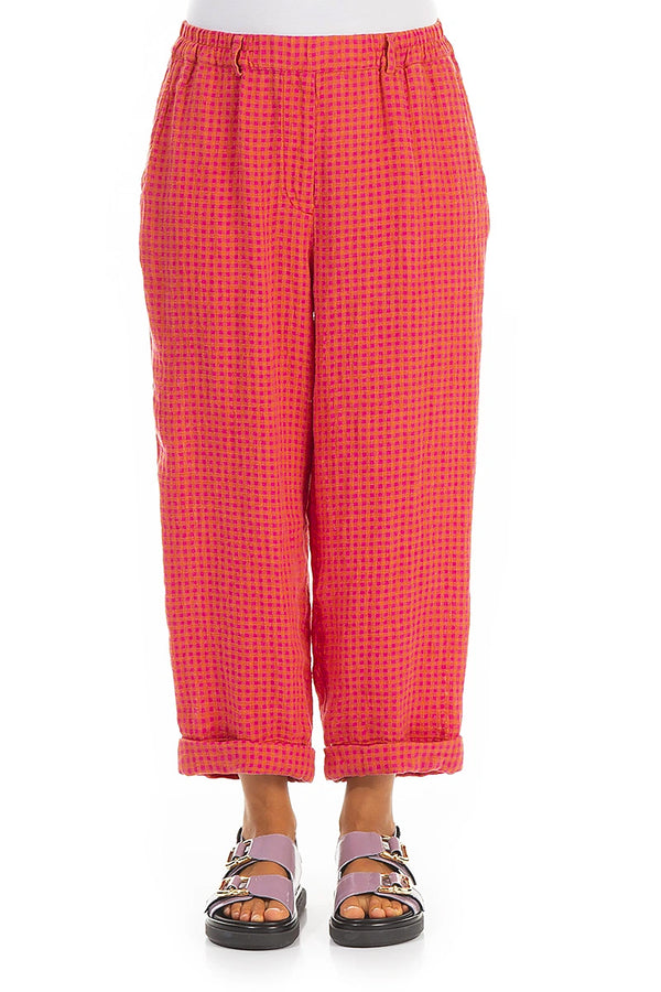 Pantalon en lin à carreaux orange rose à revers