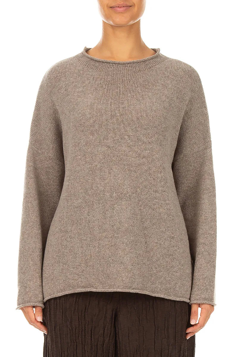 Rolled Edge Beige Cashmere Sweater 2