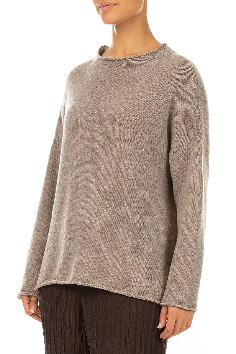 Rolled Edge Beige Cashmere Sweater 4