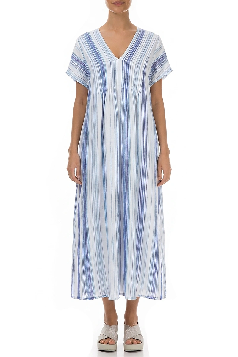 Romantic Blue Wash Stripe Linen Dress