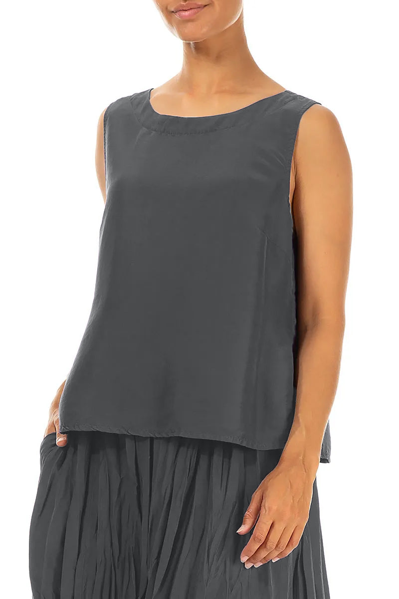 Round Boat Neck Graphite Blue Silk Top 3