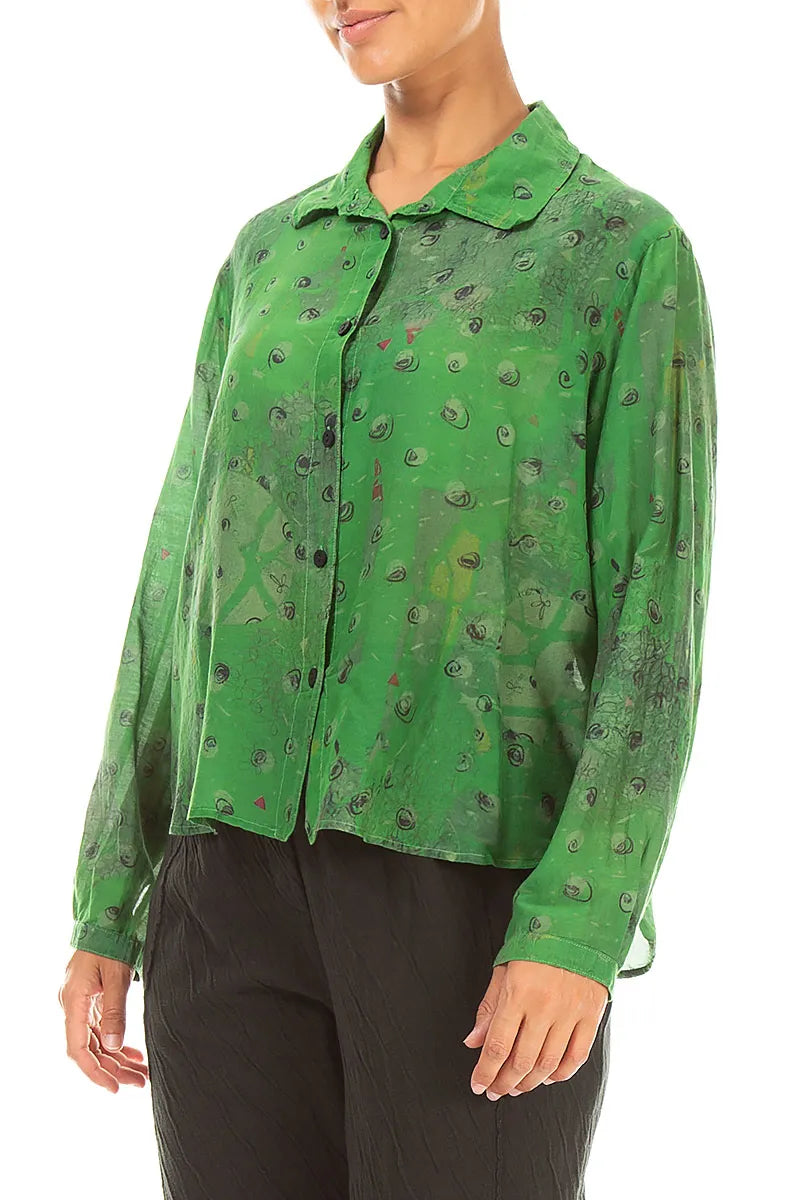 Rounded Hem Shamrock Green Meadow Silk Cotton Shirt 2