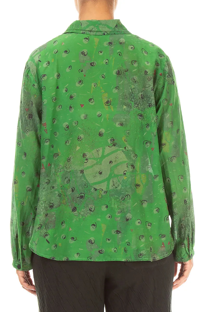 Rounded Hem Shamrock Green Meadow Silk Cotton Shirt 3