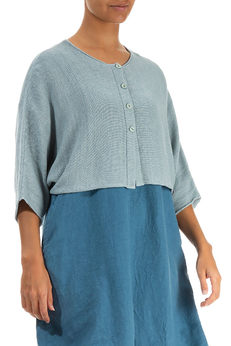 Rounded Sky Blue Linen Cardigan 3