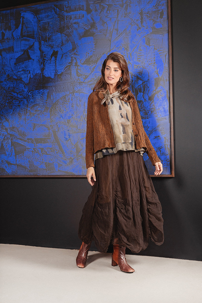 Gerüschter Chiffonrock aus gealterter Kupferseide