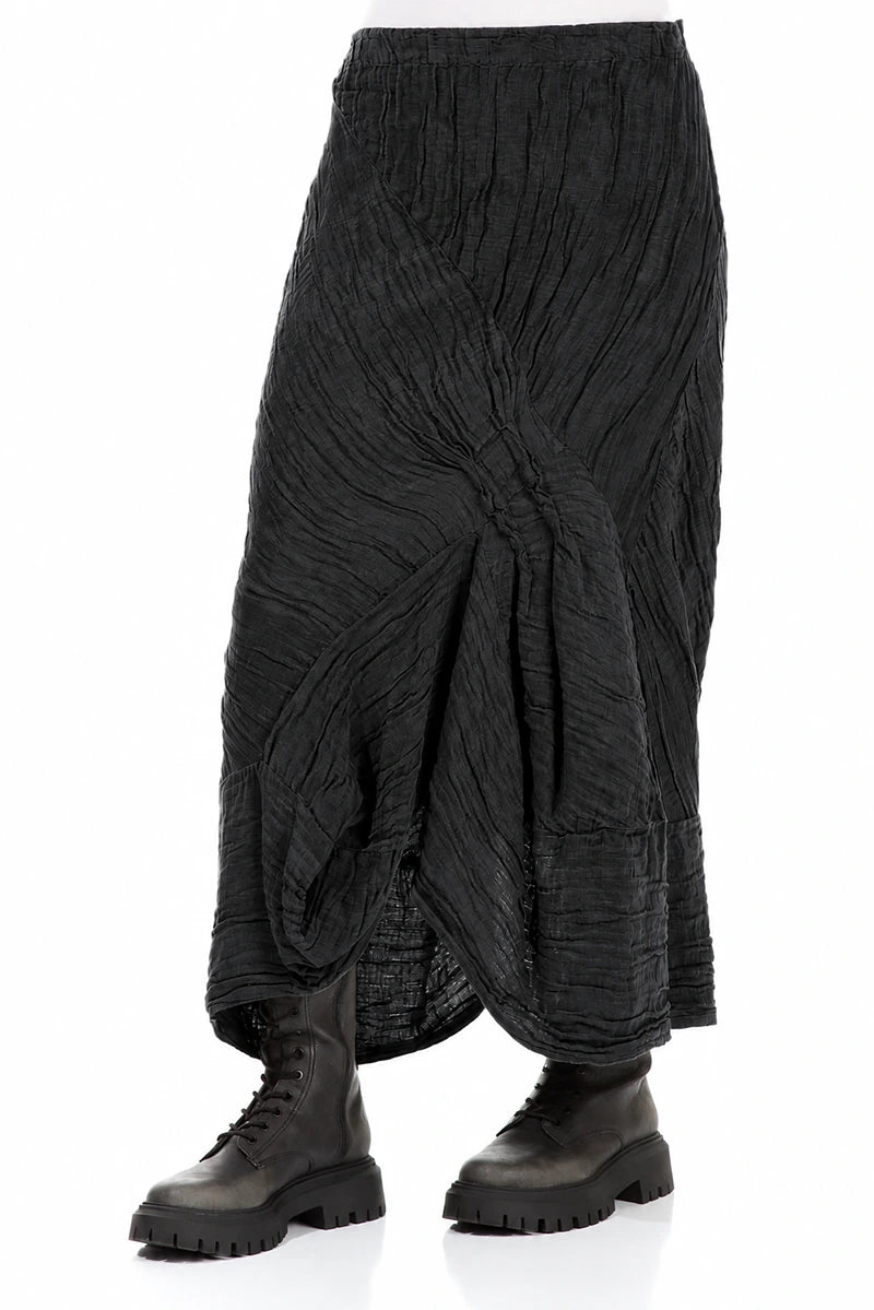 Ruched Crinkled Charcoal Silk Linen Skirt