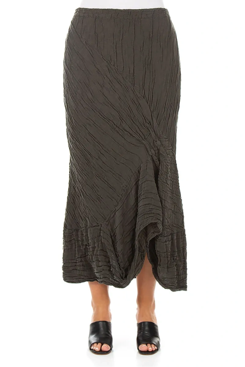 Ruched Crinkled Dark Khaki Silk Linen Skirt