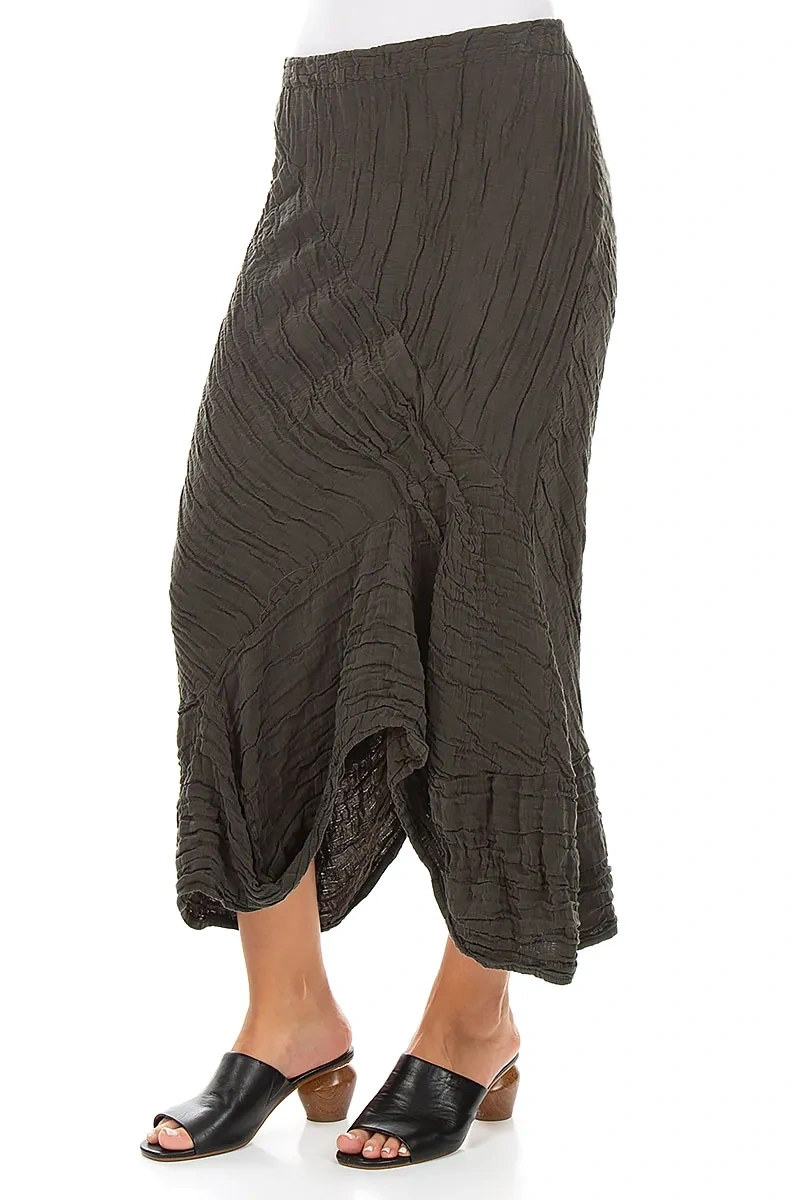 Ruched Crinkled Dark Khaki Silk Linen Skirt