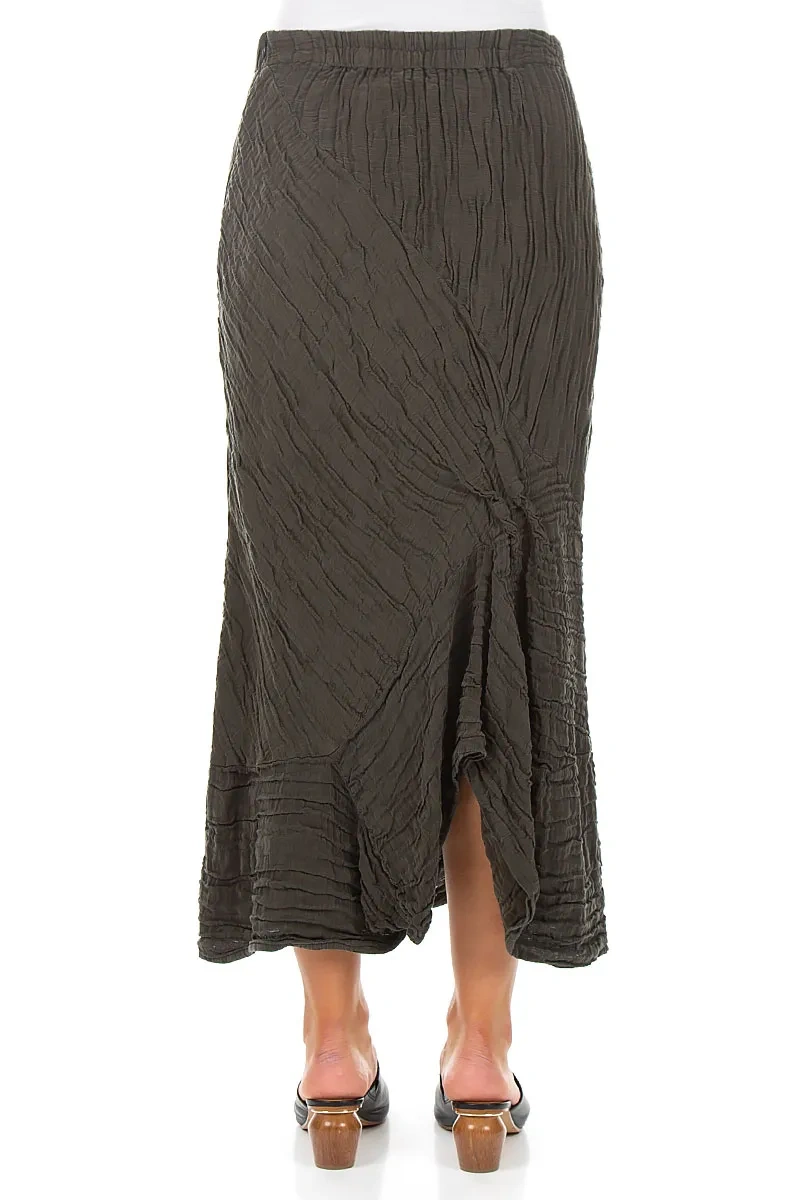 Ruched Crinkled Dark Khaki Silk Linen Skirt