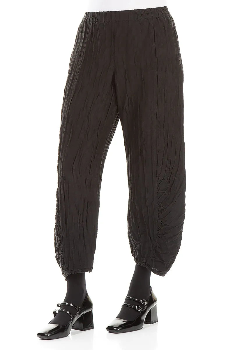 Ruched Hem Black Crinkled Silk Linen Trousers 3