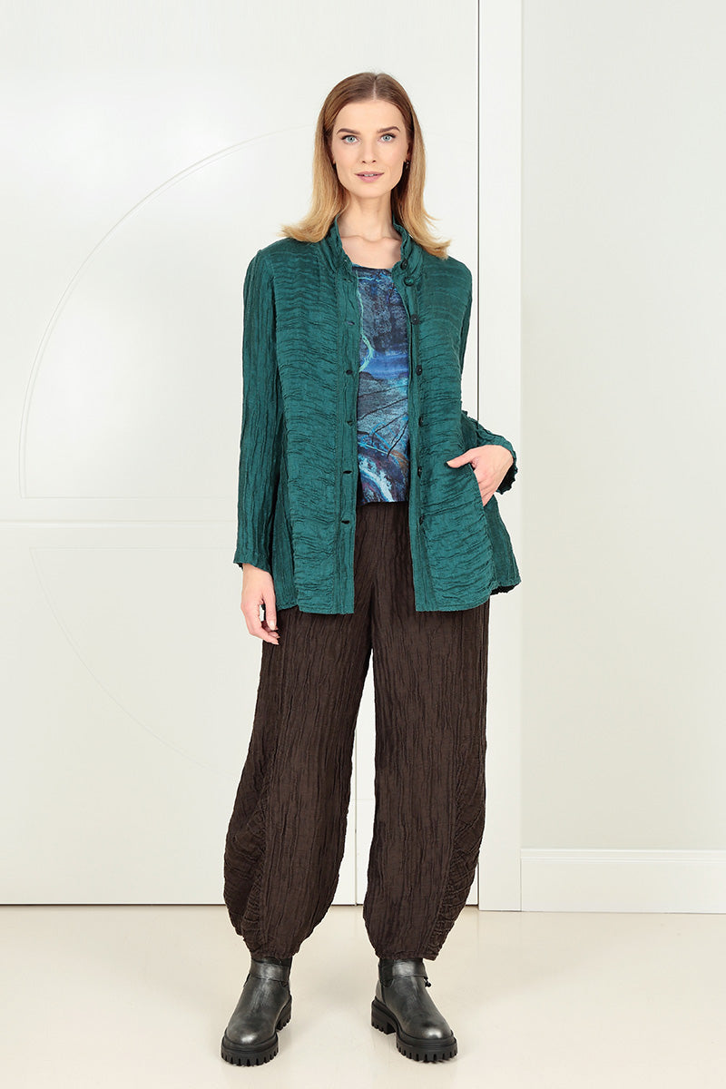 Ruched Hem Forest Brown Crinkled Silk Linen Trousers 6