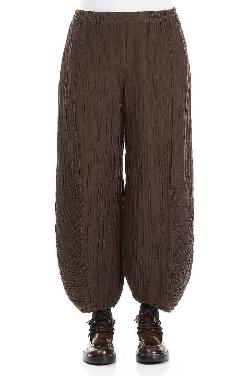 Ruched Hem Forest Brown Crinkled Silk Linen Trousers 1