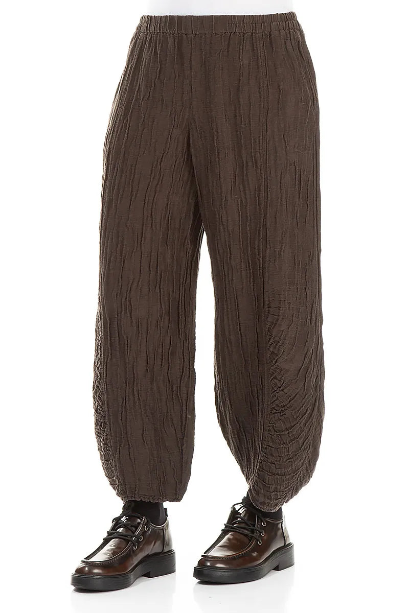 Ruched Hem Forest Brown Crinkled Silk Linen Trousers 3