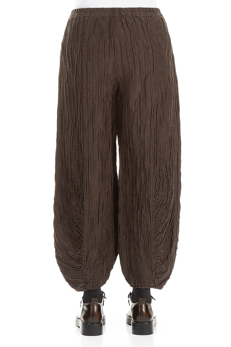 Ruched Hem Forest Brown Crinkled Silk Linen Trousers 2