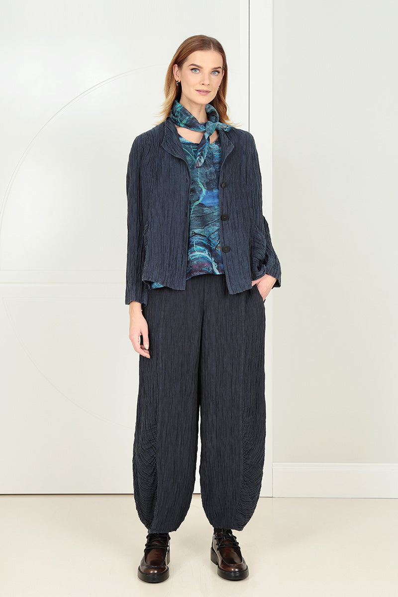 Ruched Hem Graphite Blue Crinkled Silk Linen Trousers 6