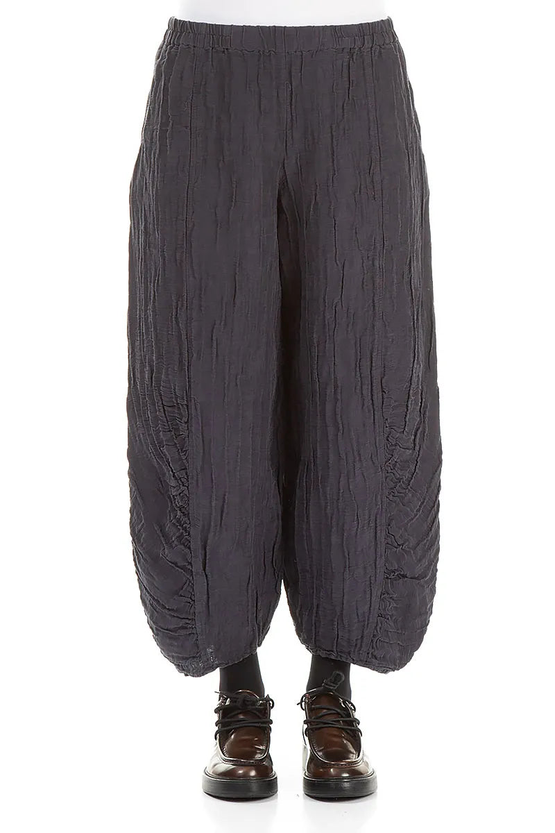 Ruched Hem Graphite Blue Crinkled Silk Linen Trousers 1