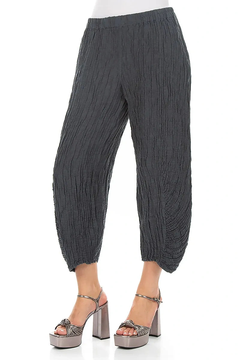 Ruched Hem Graphite Crinkled Silk Linen Trousers 3