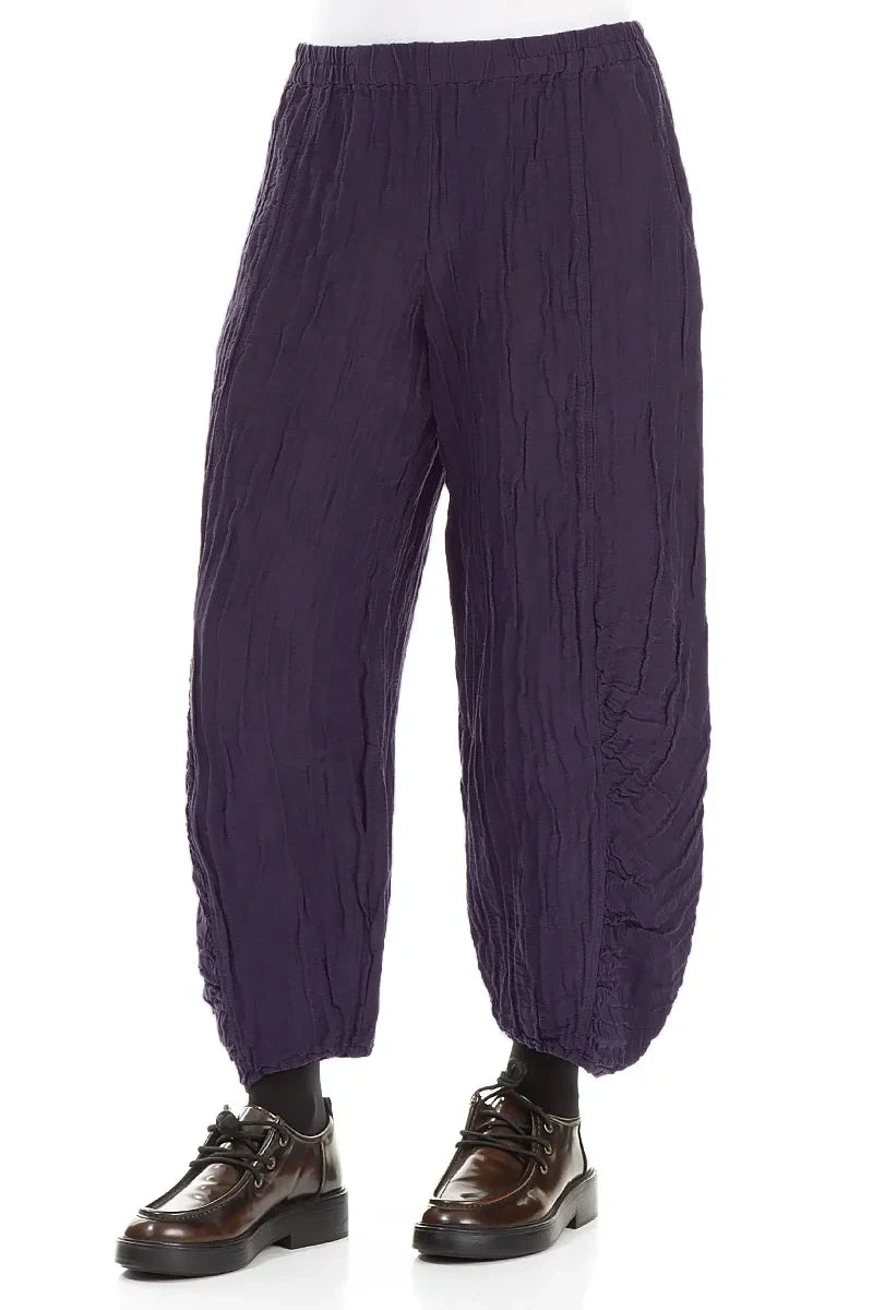 Ruched Hem Royal Purple Crinkled Silk Linen Trousers 3